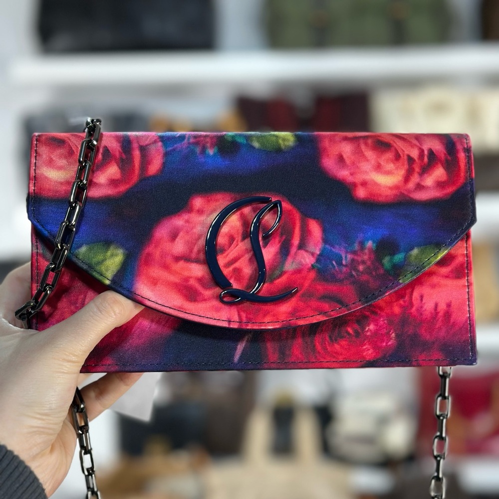 Christian Louboutin Red and Blue Rose Print Chain Wallet Clutch